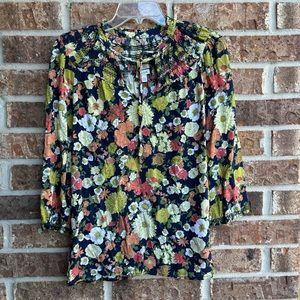 Odille Navy & Multicolored Floral-Print Neck-Tie Shirring 3/4-Sleeve Blouse